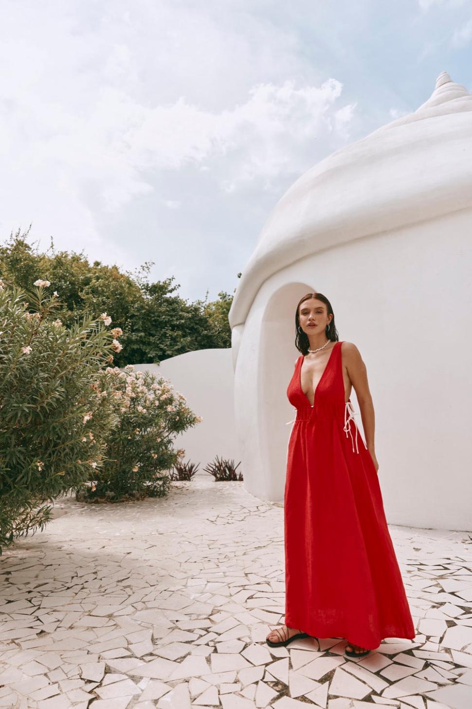 VRG GRL Midi/Maxi Dresses | Women Paros Palms Linen Midi Dress Red