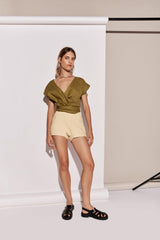 VRG GRL Sets | Women Sea Glass Linen Wrap Top Olive