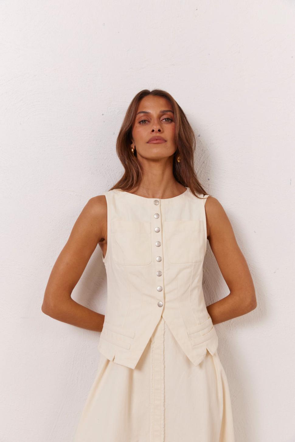 VRG GRL Sets | Women Suki Denim Vest Cream