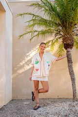 VRG GRL Short Sleeve | Women Flora On Film Linen Shirt Cream