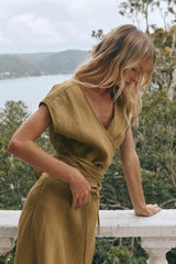 VRG GRL Short Sleeve | Women Sea Glass Linen Wrap Top Olive