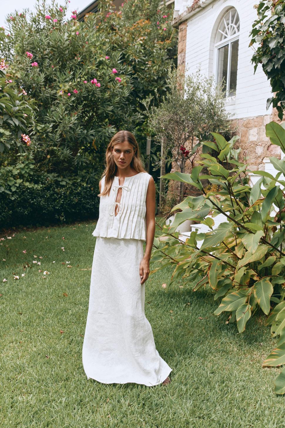 VRG GRL Skirts | Women Ena Linen Bias Cut Maxi Skirt White