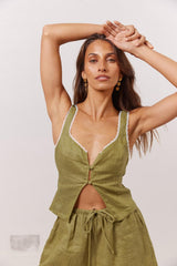 VRG GRL Sleeveless | Women Love Language Linen Button Front Top Olive