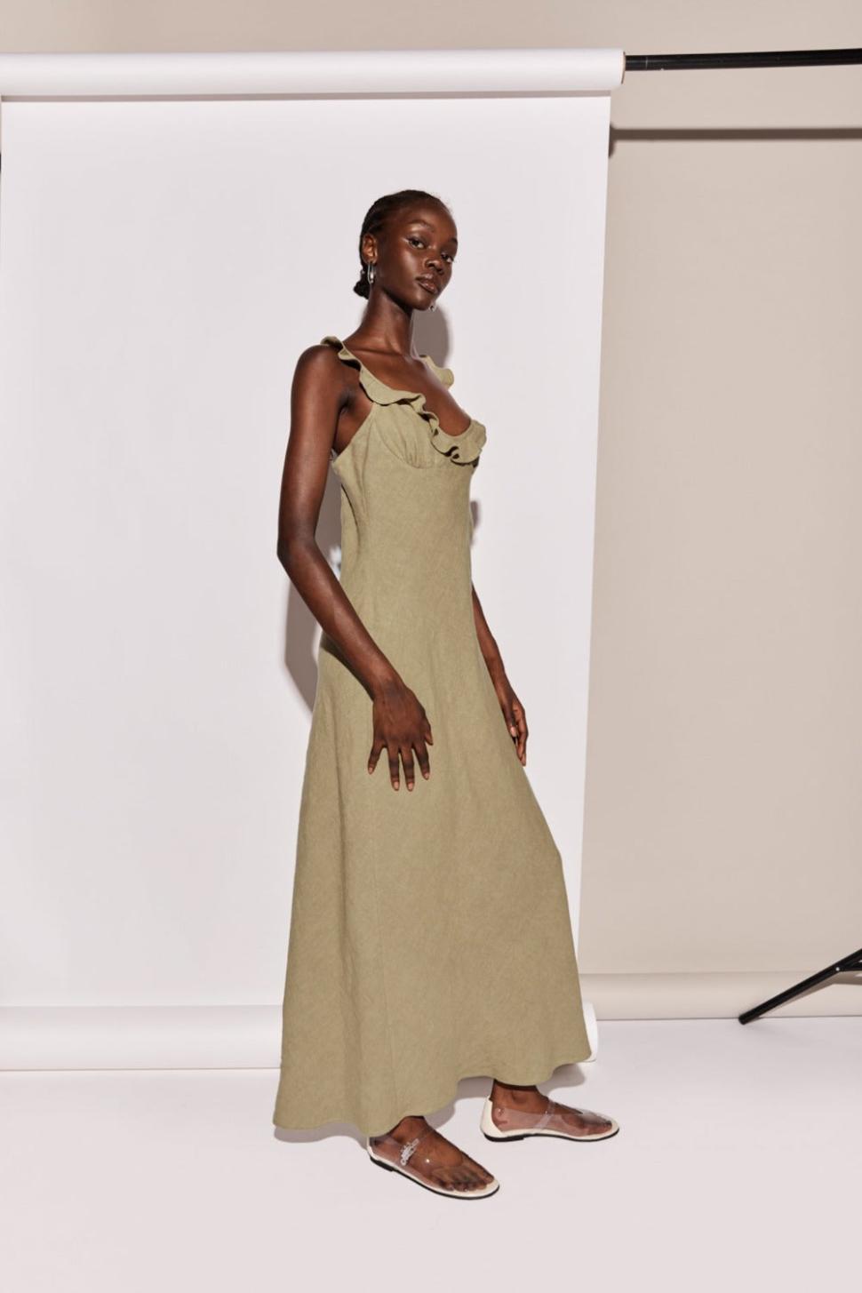 VRG GRL Midi/Maxi Dresses | Women Rosalia Linen Bias Cut Maxi Dress Olive