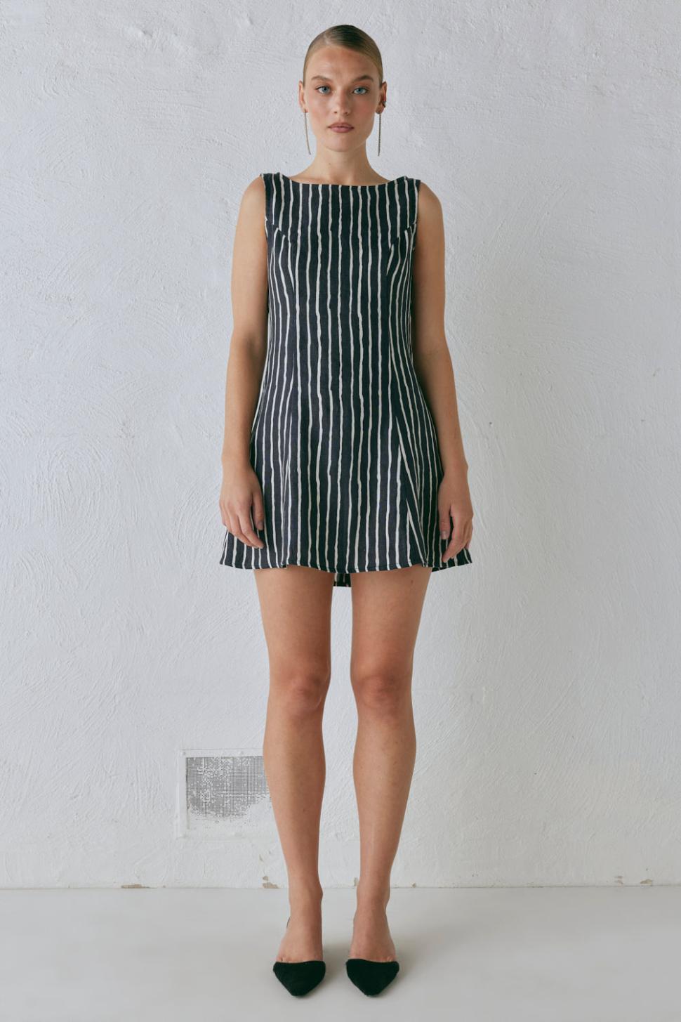 VRG GRL Mini Dresses | Women Chloe Linen Mini Dress Black Stripe