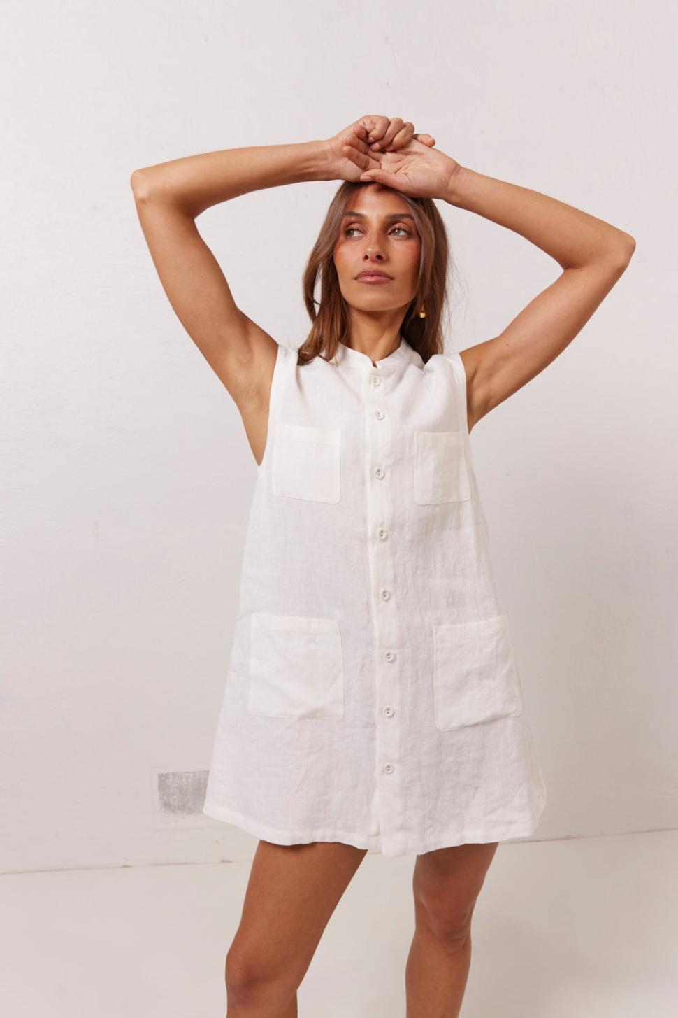 VRG GRL Mini Dresses | Women Jean Linen Mini Dress White