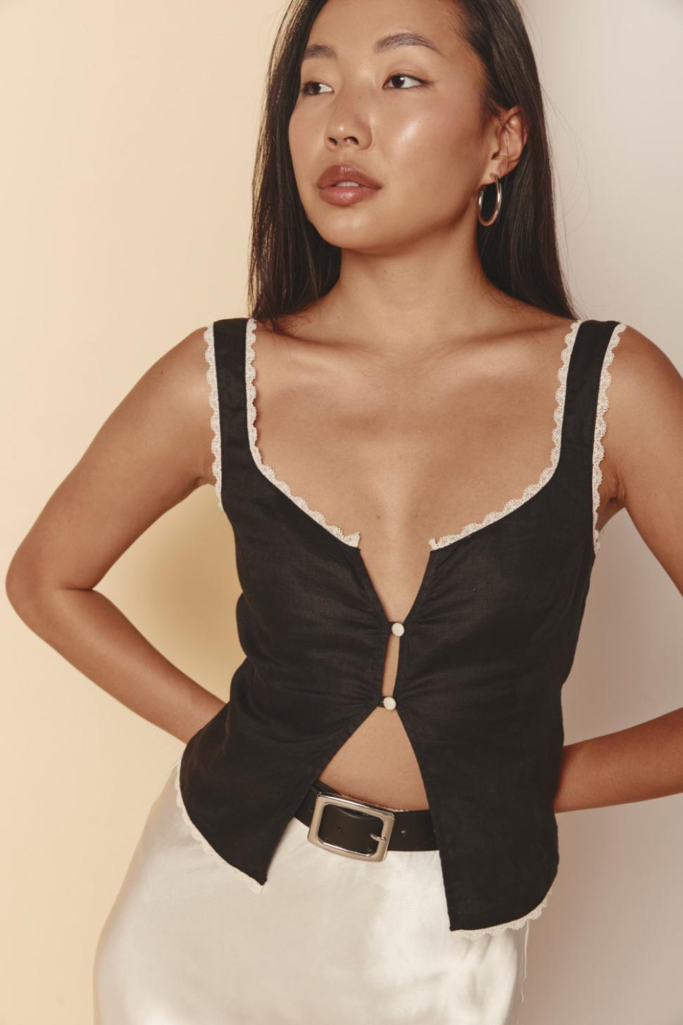 VRG GRL Sets | Women Love Language Linen Button Front Top Black