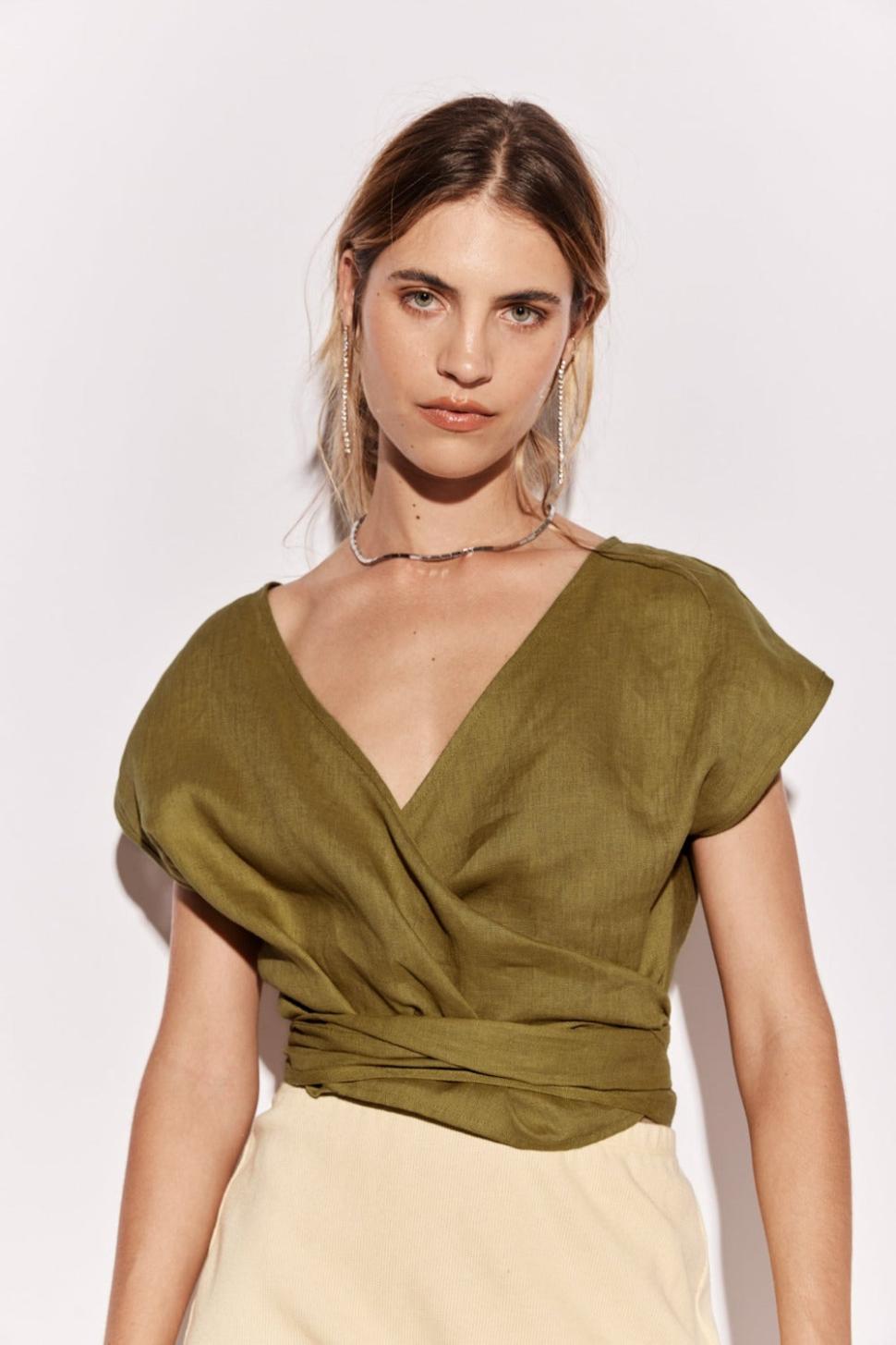 VRG GRL Sets | Women Sea Glass Linen Wrap Top Olive