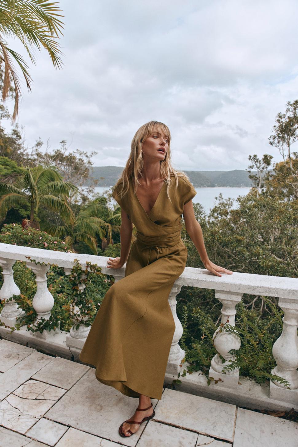 VRG GRL Sets | Women Sea Glass Linen Wrap Top Olive