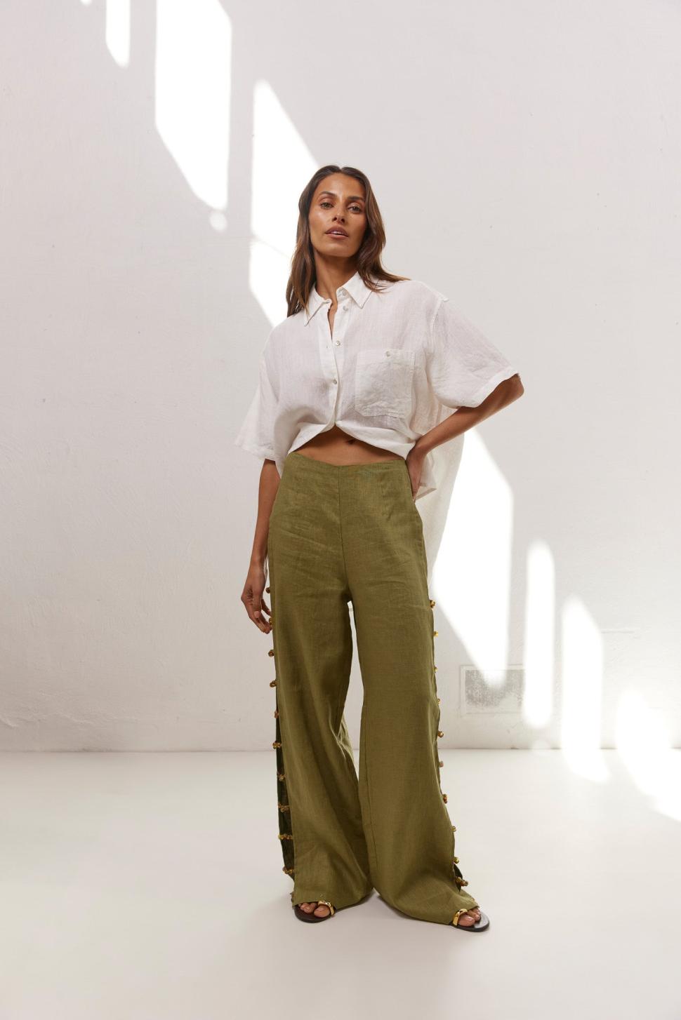 VRG GRL Sets | Women Tia Linen Pants Olive