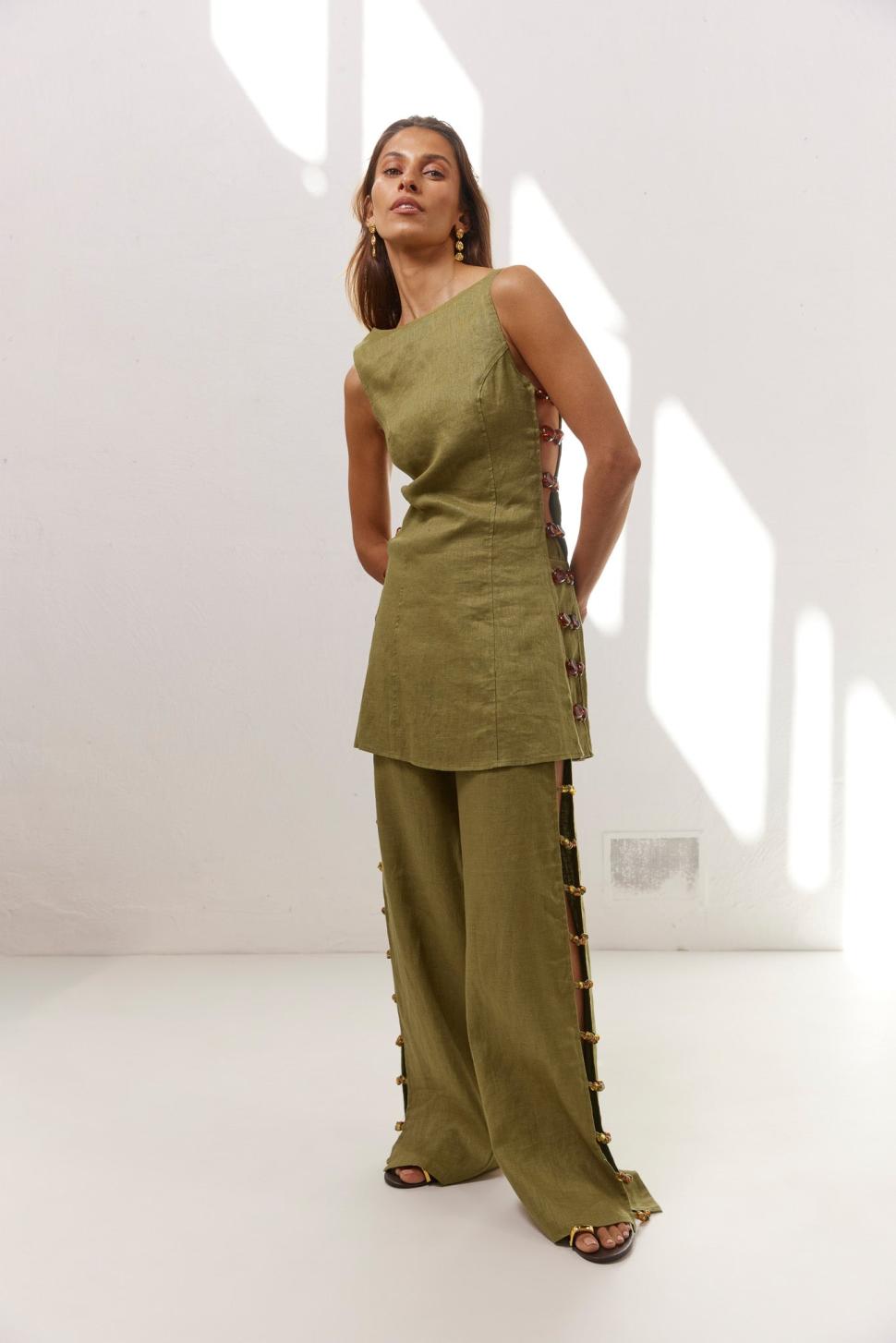 VRG GRL Sets | Women Tia Linen Pants Olive