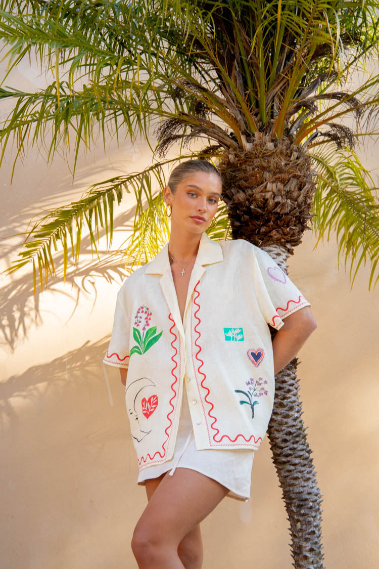 VRG GRL Short Sleeve | Women Flora On Film Linen Shirt Cream