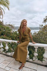 VRG GRL Short Sleeve | Women Sea Glass Linen Wrap Top Olive