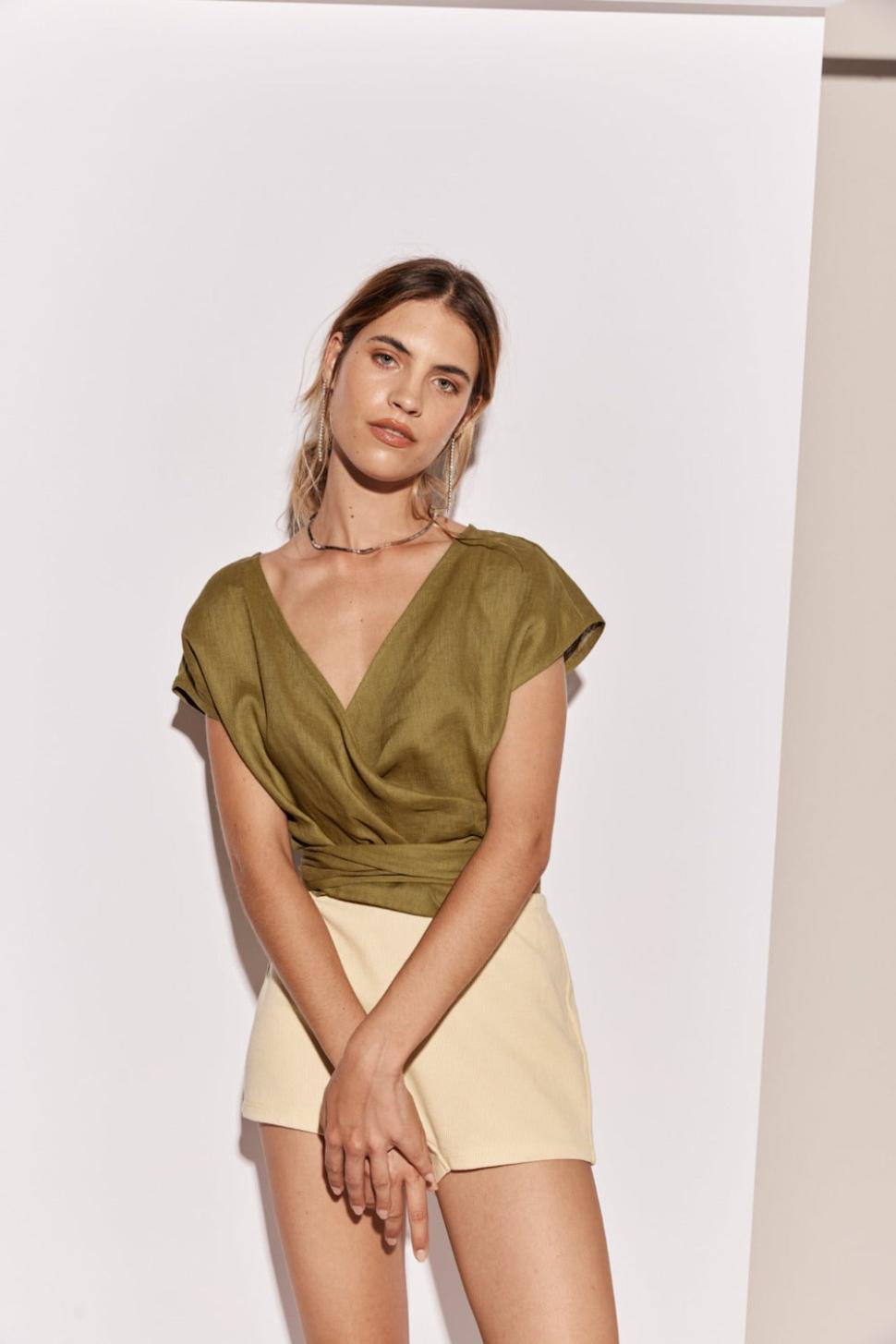 VRG GRL Short Sleeve | Women Sea Glass Linen Wrap Top Olive