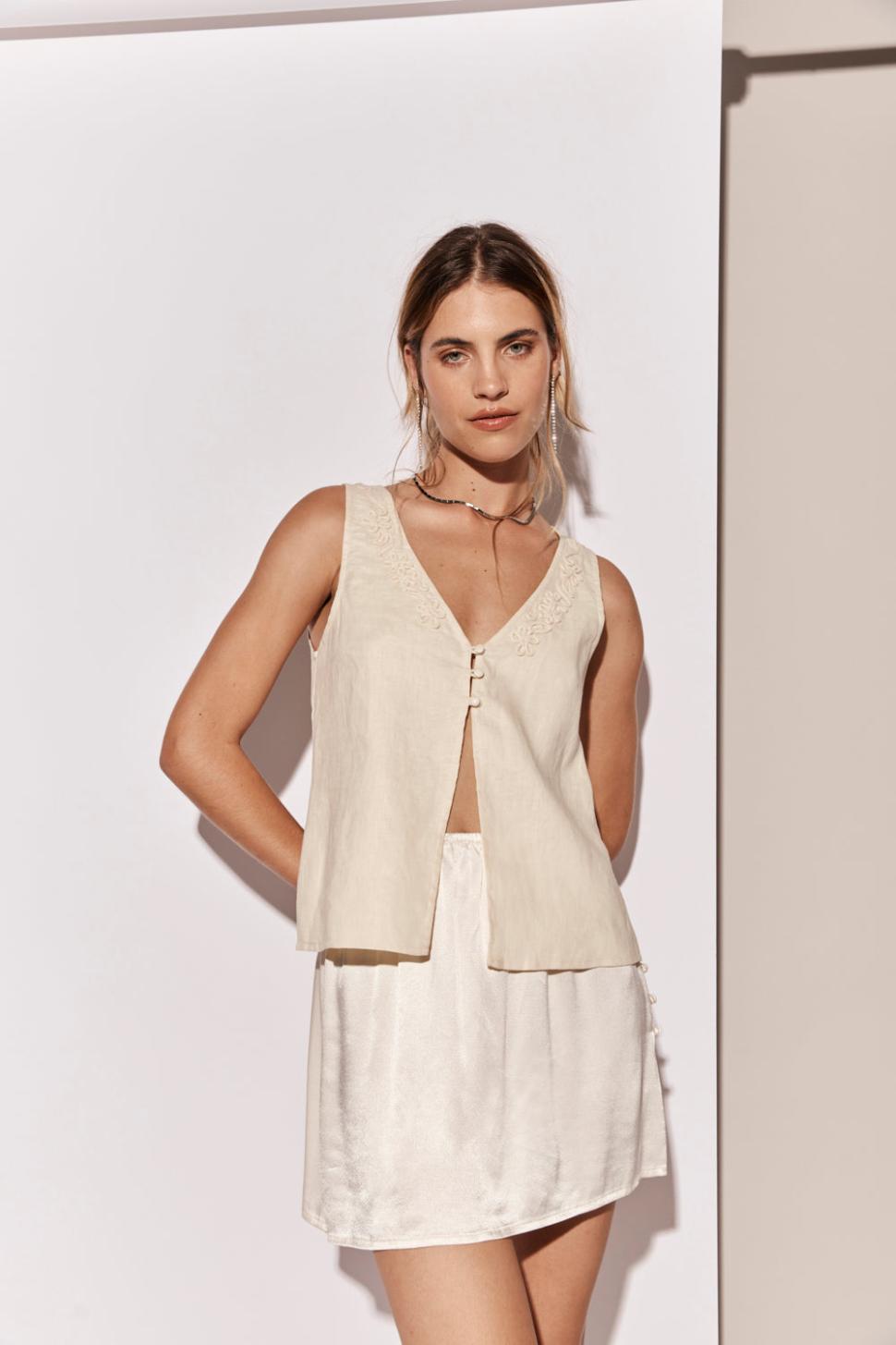 VRG GRL Sleeveless | Women Bordeaux Linen Top Cream