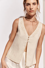 VRG GRL Sleeveless | Women Bordeaux Linen Top Cream