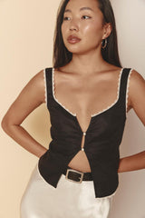 VRG GRL Sleeveless | Women Love Language Linen Button Front Top Black