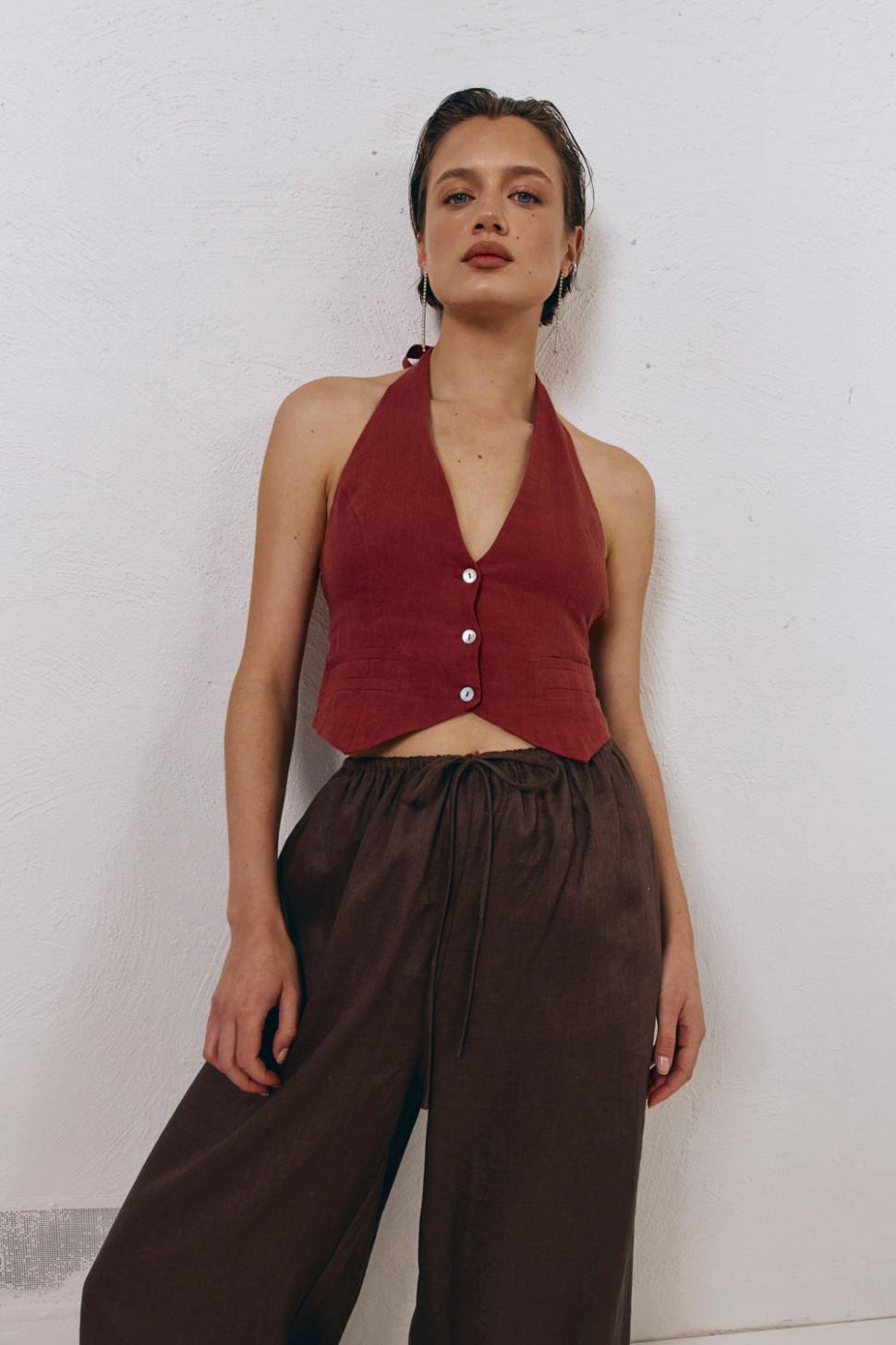 VRG GRL Vests | Women Los Cabos Linen Vest Wine